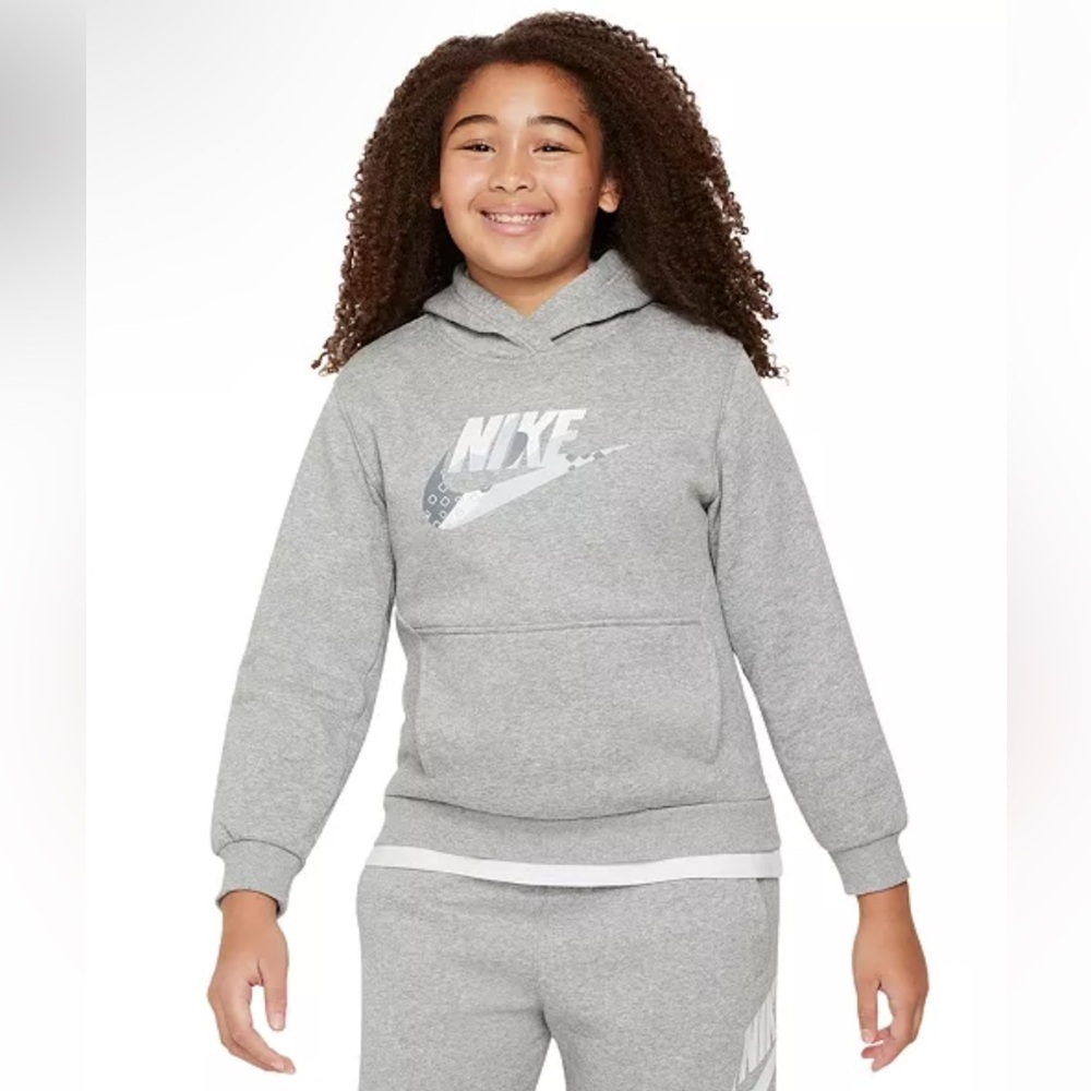NEW Nike Sportswear Kids Fleece Hoodie Grey Logo Pullover Size Medium
